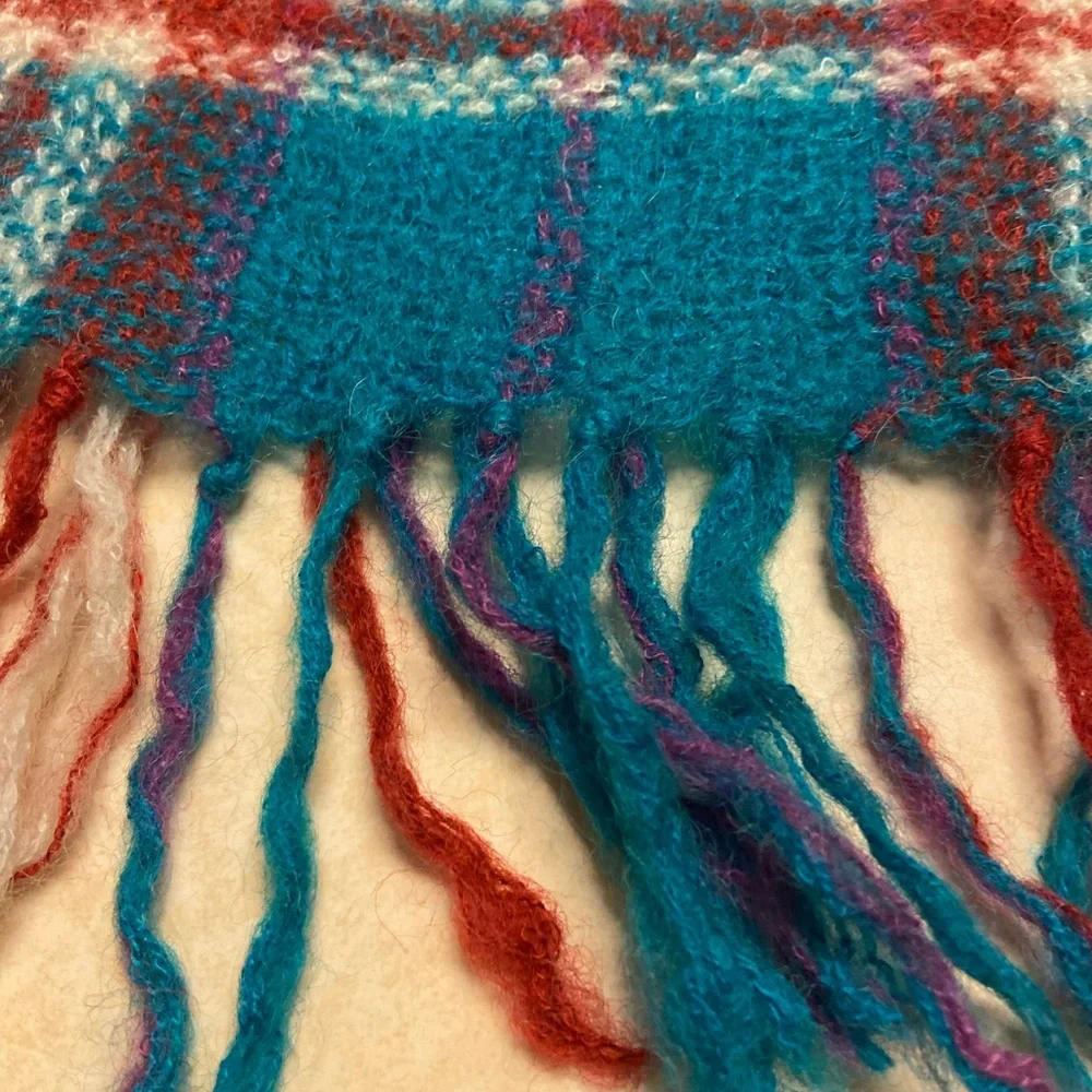 James Pringle Weavers Scarf Womens Jewel Check Plaid Wool Blend Fringe Preppy